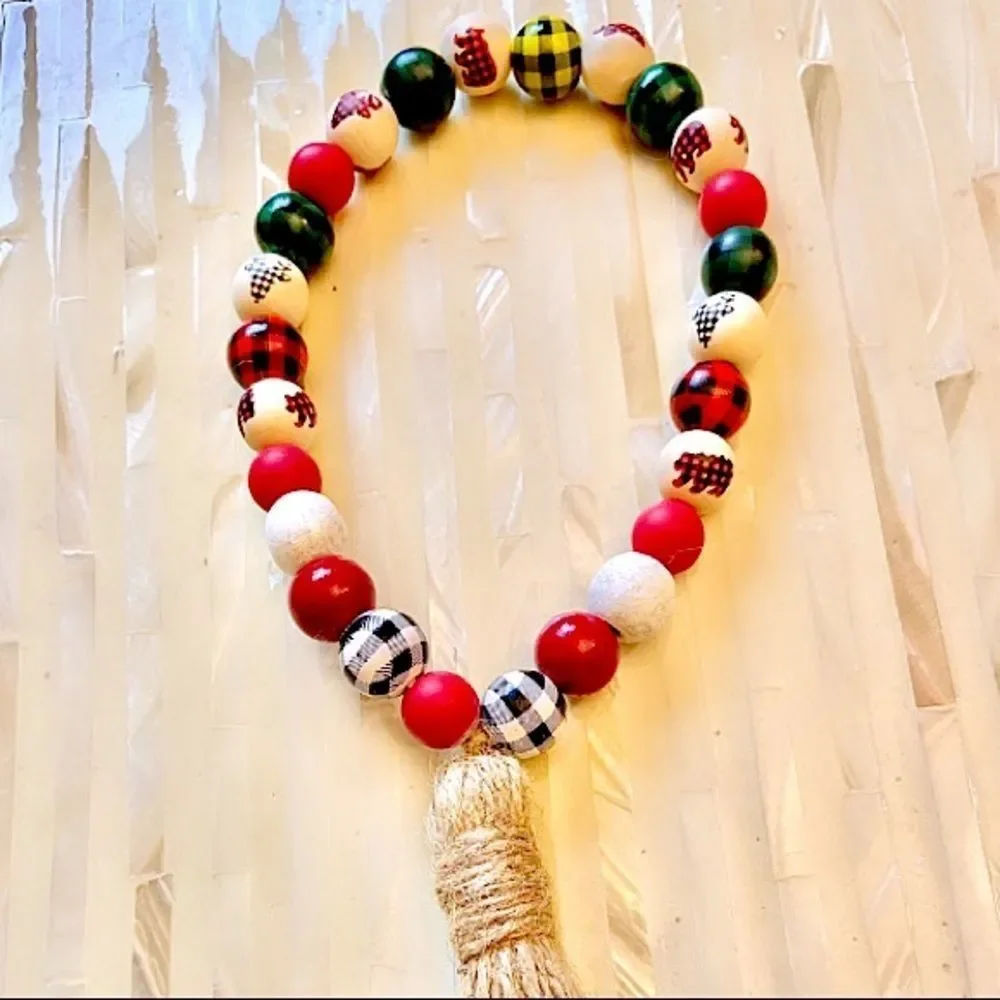 NEW Wood Bead Garland with Plaid Tassels